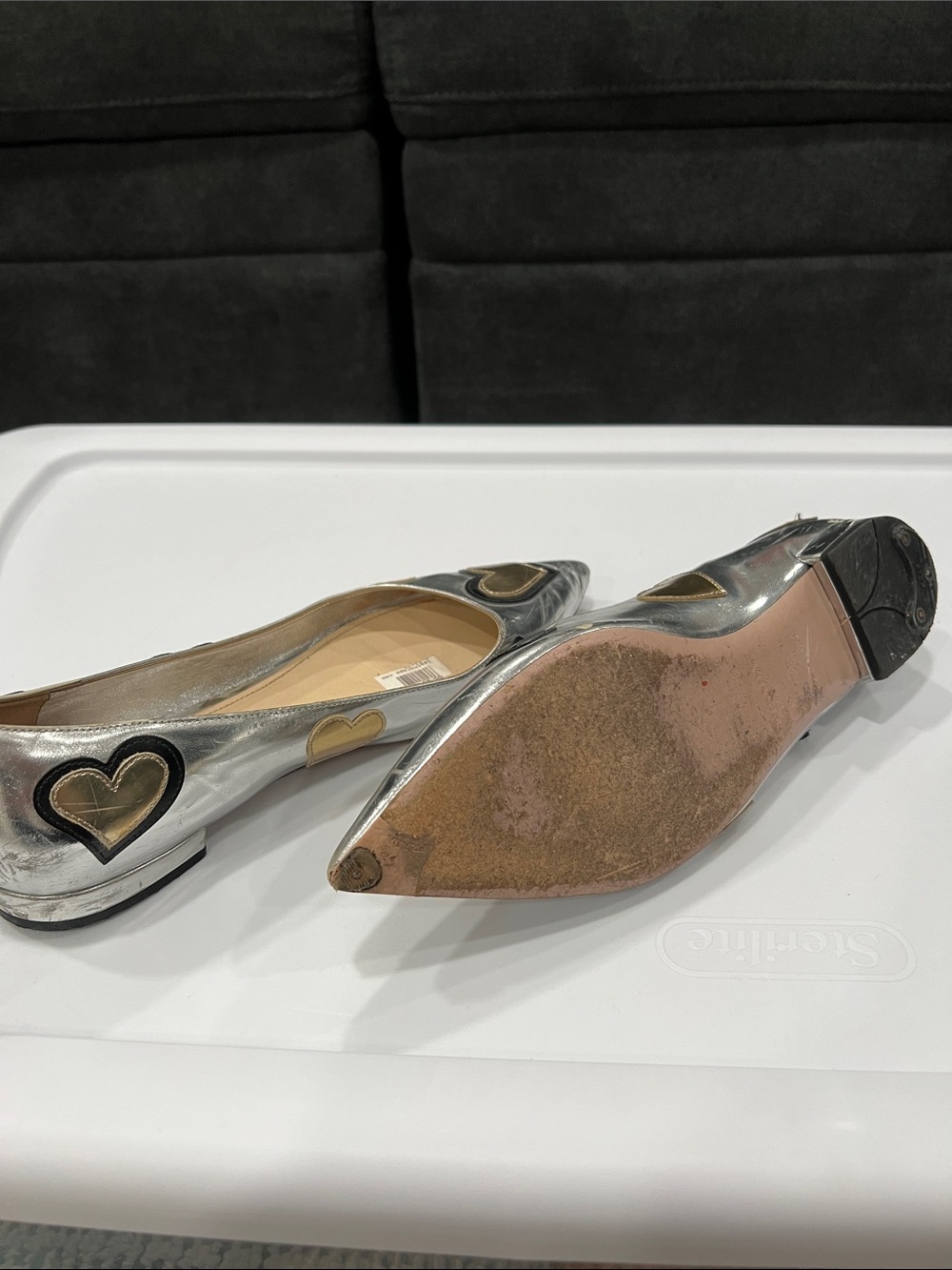 Prada Silver Pointed Flats with Gold and Black Heart Appliqués - Picture 3 of 3